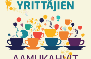 Yrittäjien aamukahvien uvituskuvassa eri värisiä kahvikuppeja, joista kohoaa höyryä.