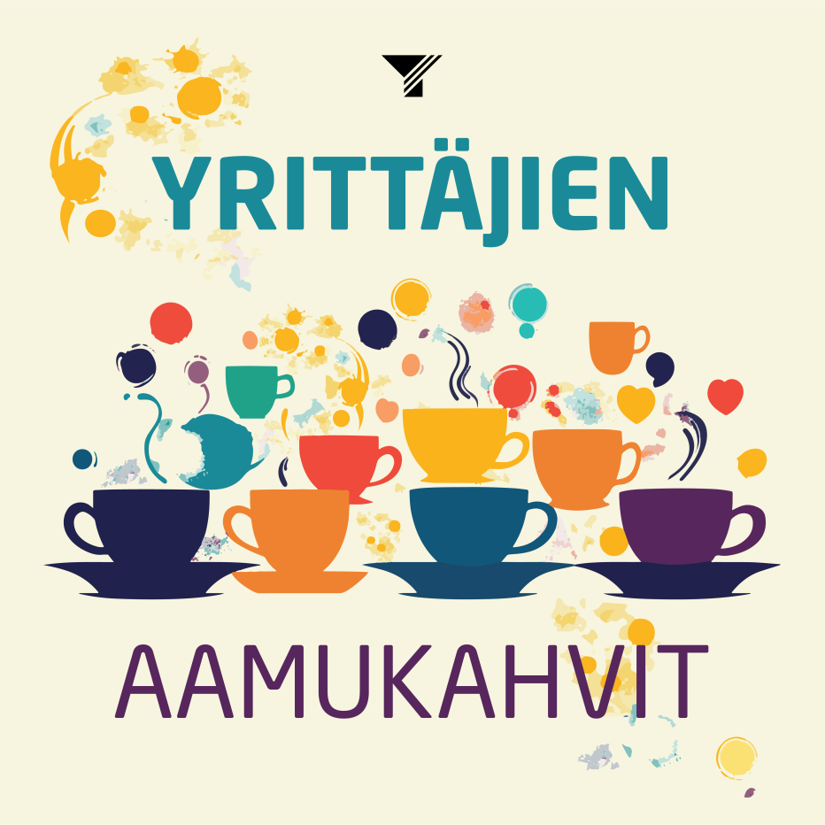 Yrittäjien aamukahvien uvituskuvassa eri värisiä kahvikuppeja, joista kohoaa höyryä.