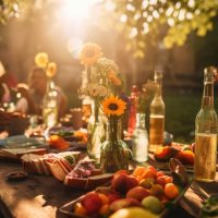 Hämyisä kuva ilta-auringon laskiessa ihmisiä aterioimassa pöydän ääressä, jossa on kasviksia, juomapulloja ja auringonkukkia maljakossa.